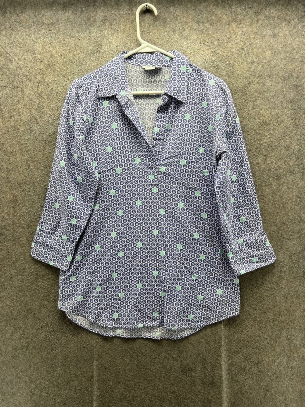 Vineyard Vines Shirt Women XS Blue Floral Collared 3/4 Sleeve Linen Cotton
